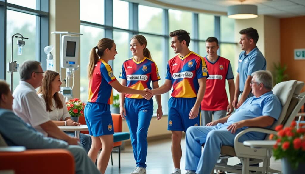 la challenge cup s'engage auprès des hôpitaux locaux en organisant des visites de joueurs pour soutenir et apporter du réconfort aux patients.