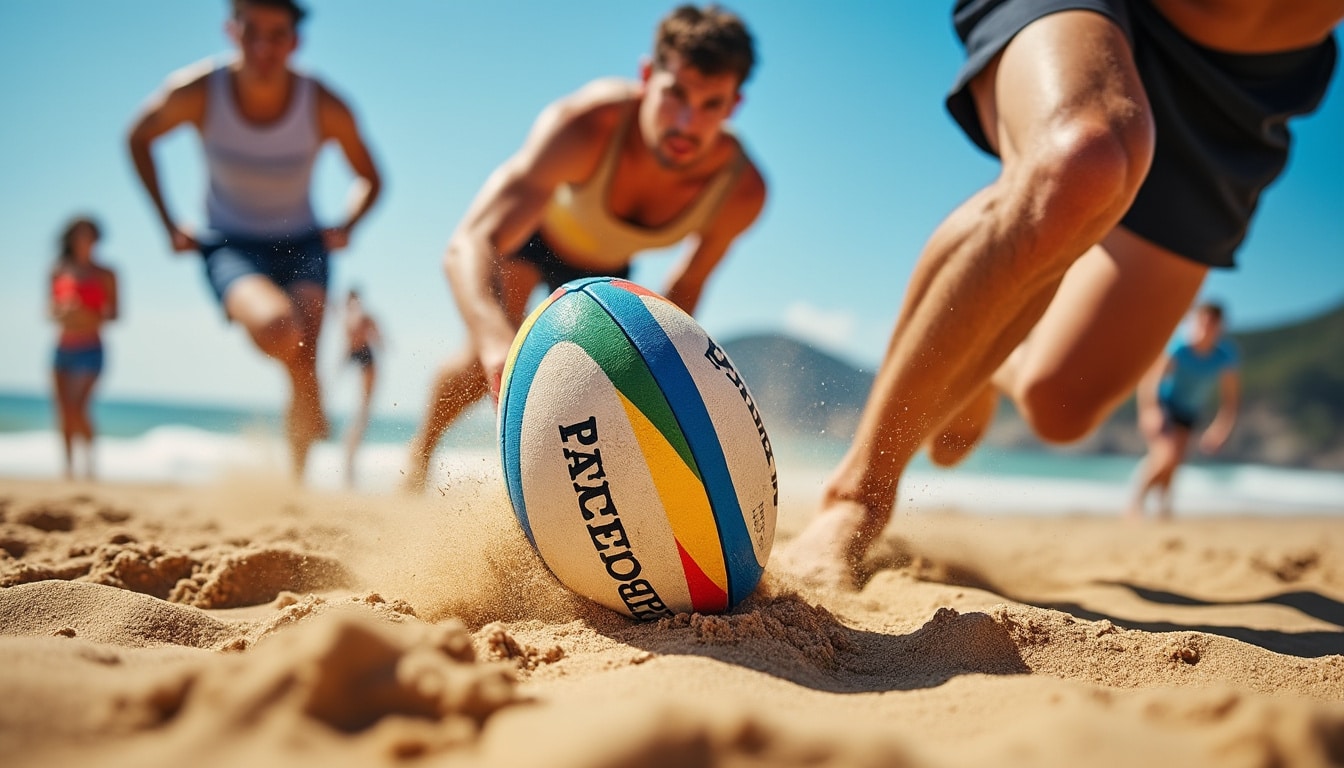 découvrez comment le rugby de plage utilise des ballons colorés pour améliorer la visibilité et dynamiser le jeu sur sable.
